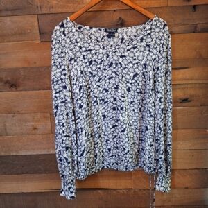 Lucky Brand Boho Navy Floral Print Drawsting Hem Blouse SZ L